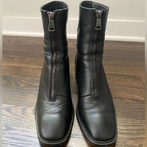 Black leather heeled zip up ankle boots